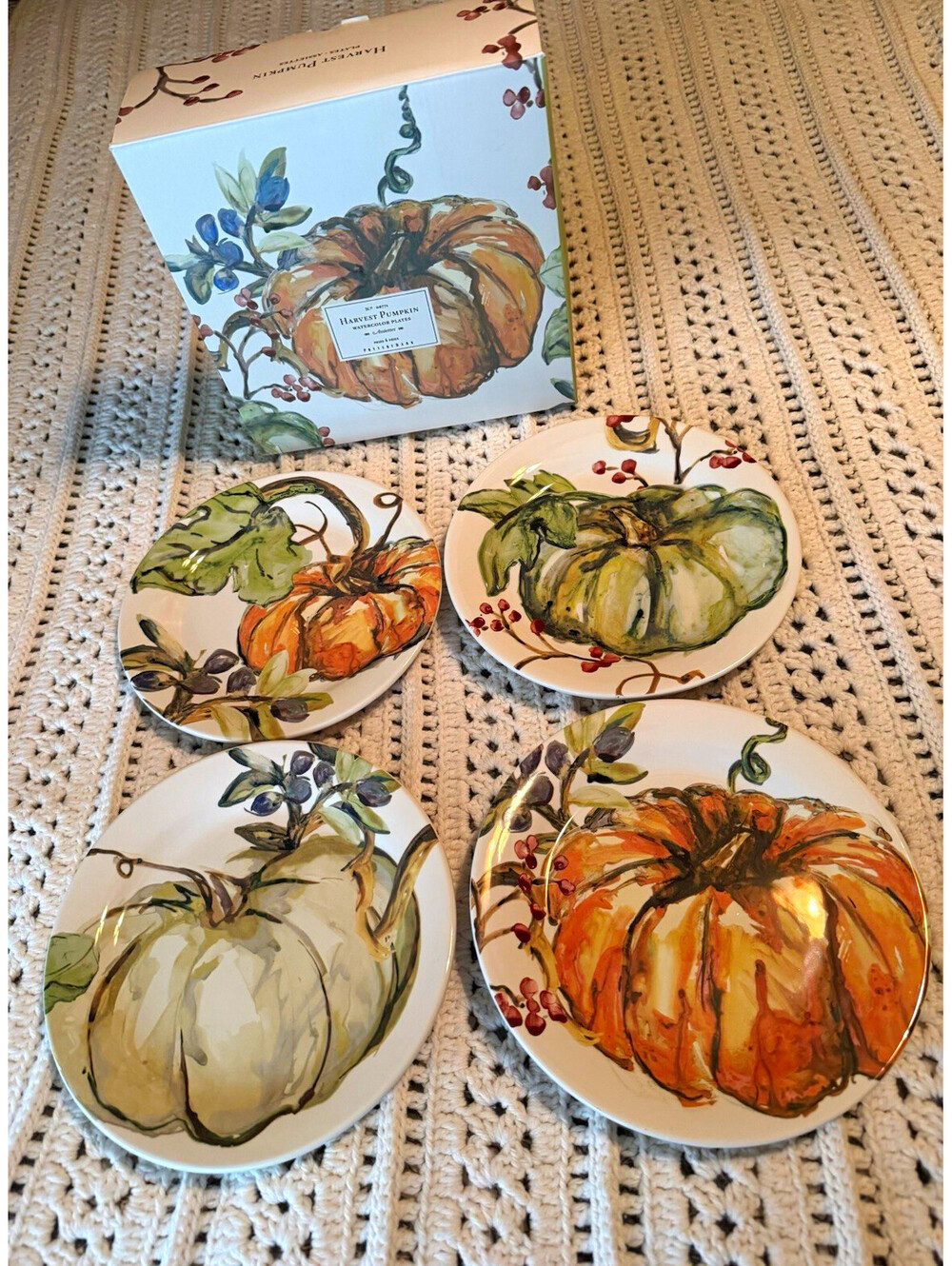 Pottery Barn Harvest Pumpkin Watercolor Dessert Plates Set of 4 Microwave Safe